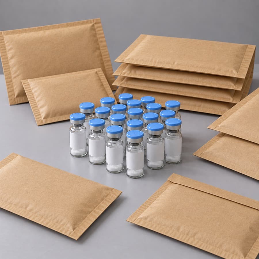 Unbranded peptide vials with plain shipping satchels, ready for white-labelling